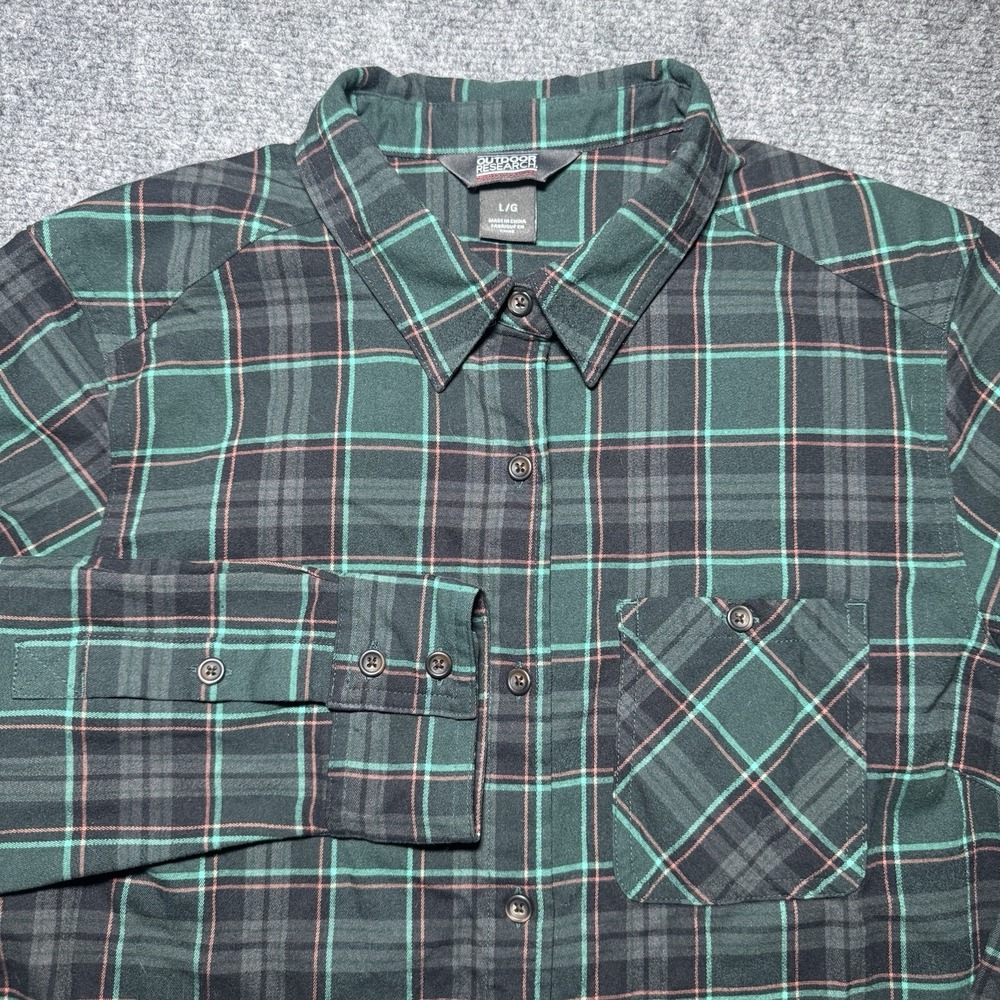 Outdoor Research Kulshan Flannel Tunic Shirt Women Large Green Plaid Pockets